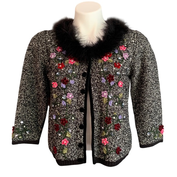 Vintage Sweaters - Vintage Embellished 90’s Cropped Art to Wear Fur Collar Funky Cardigan Sz S